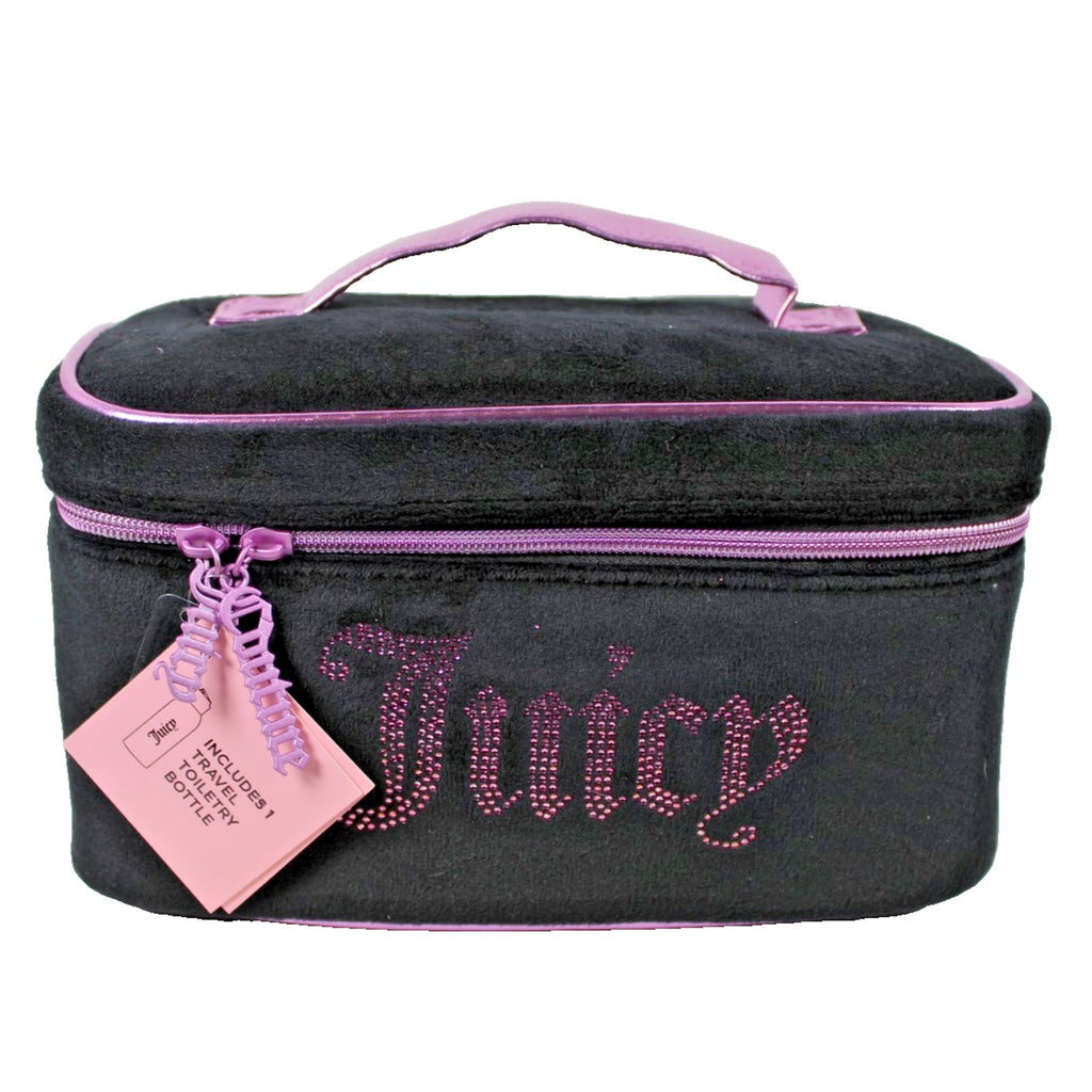 NWT Juicy Couture BLACK & LILAC velvety cosmetic makeup bag & toiletry bottle