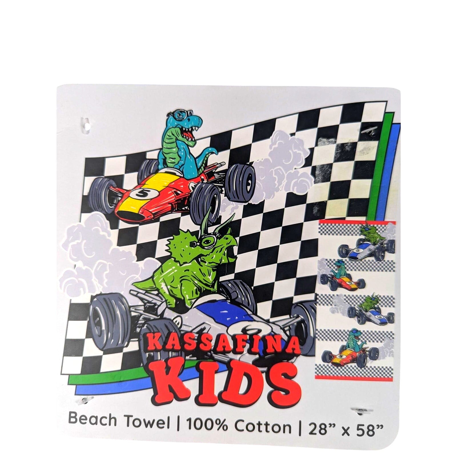 Kassafina Kids Beach Towel 28"x58", Dinosaur on Race Cars,