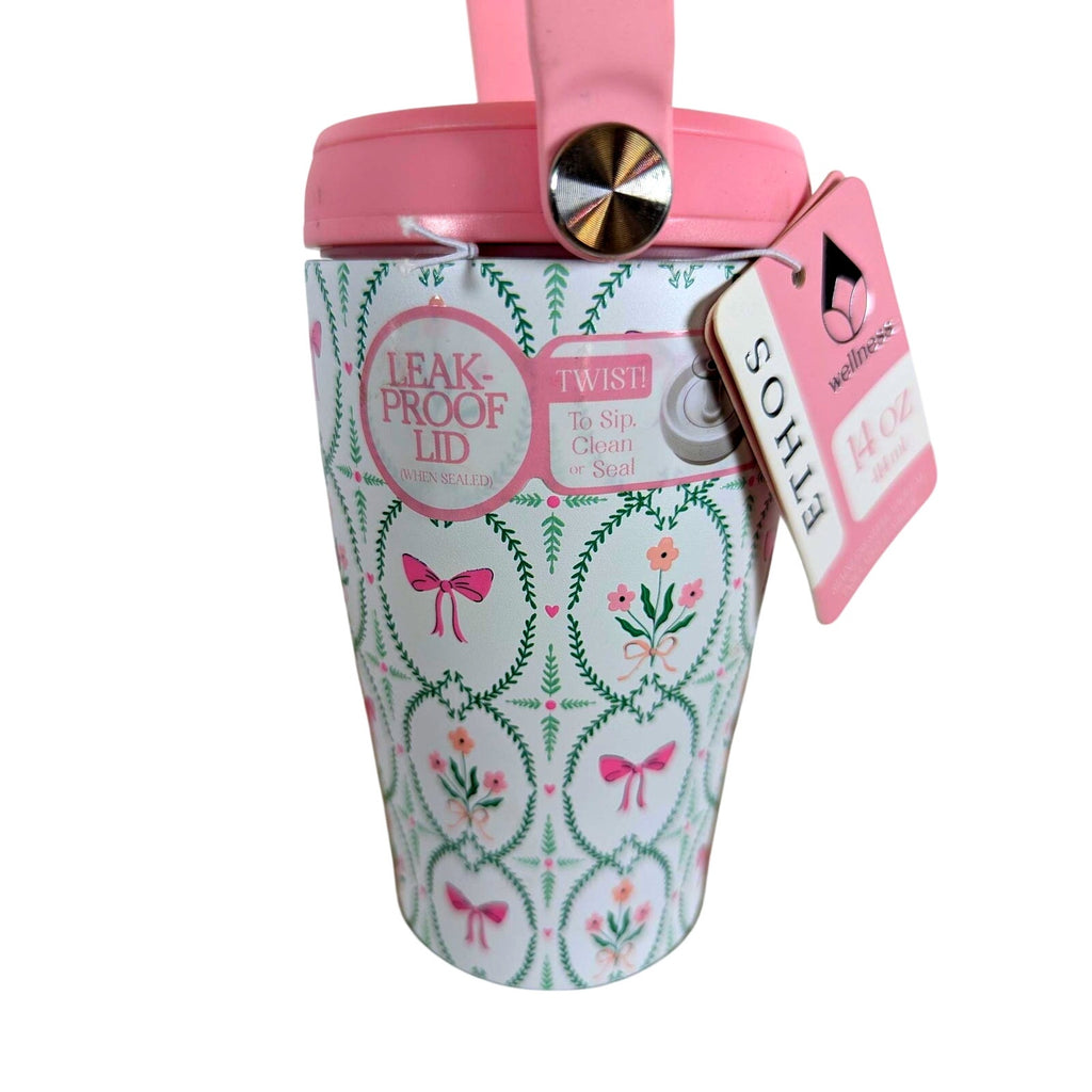 Wellness Tumbler Stainless Steel Double Wall-14 oz-BPA Free-Pink- Bows- Flowers