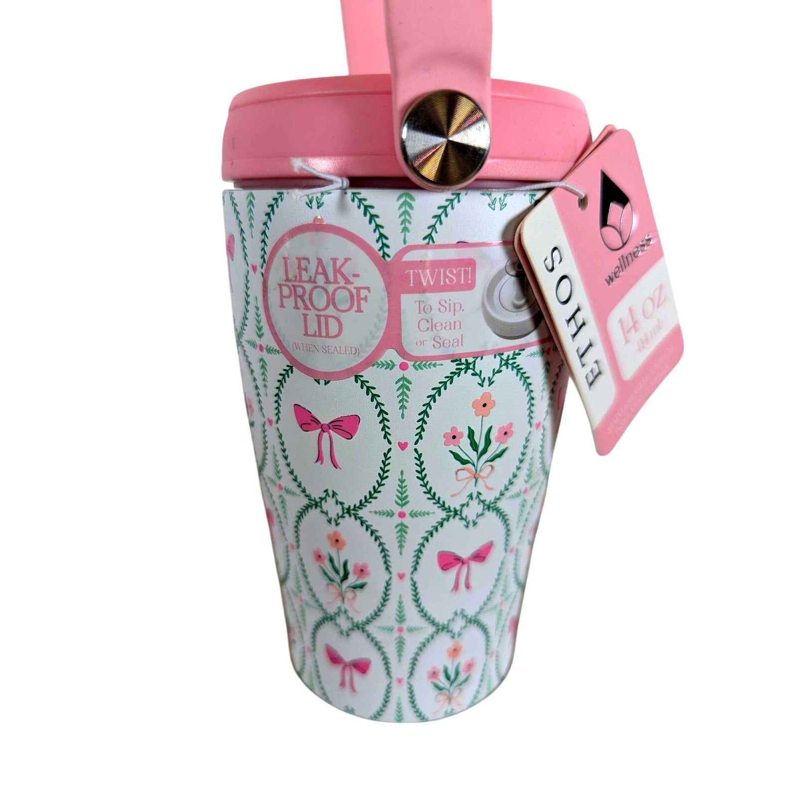 Wellness Tumbler Stainless Steel Double Wall-14 oz-BPA Free-Pink- Bows- Flowers