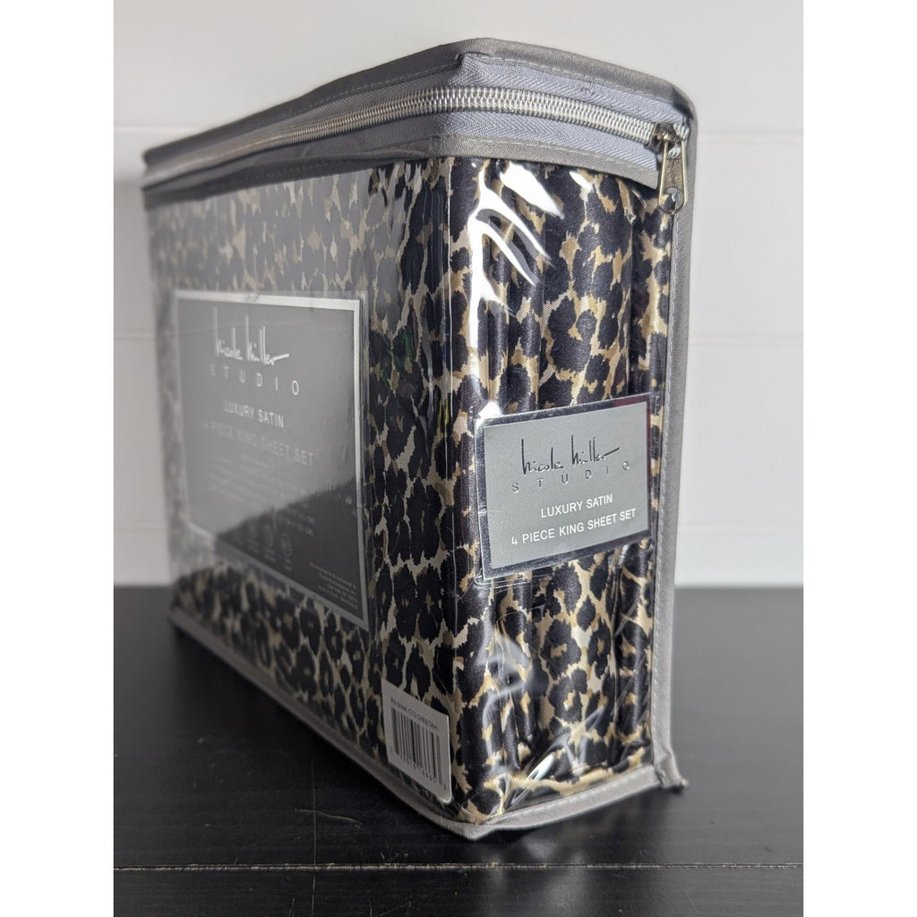 Nicole Miller Studio Luxury Satin KING Sheet Set 4 Pc Leopard Cheetah - New