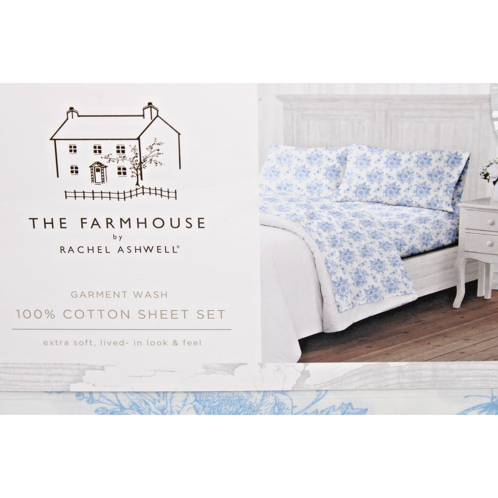 The Farmhouse Rachel Ashwell KING Sheet Set Blue Floral Cotton Shabby Chic 4pcs