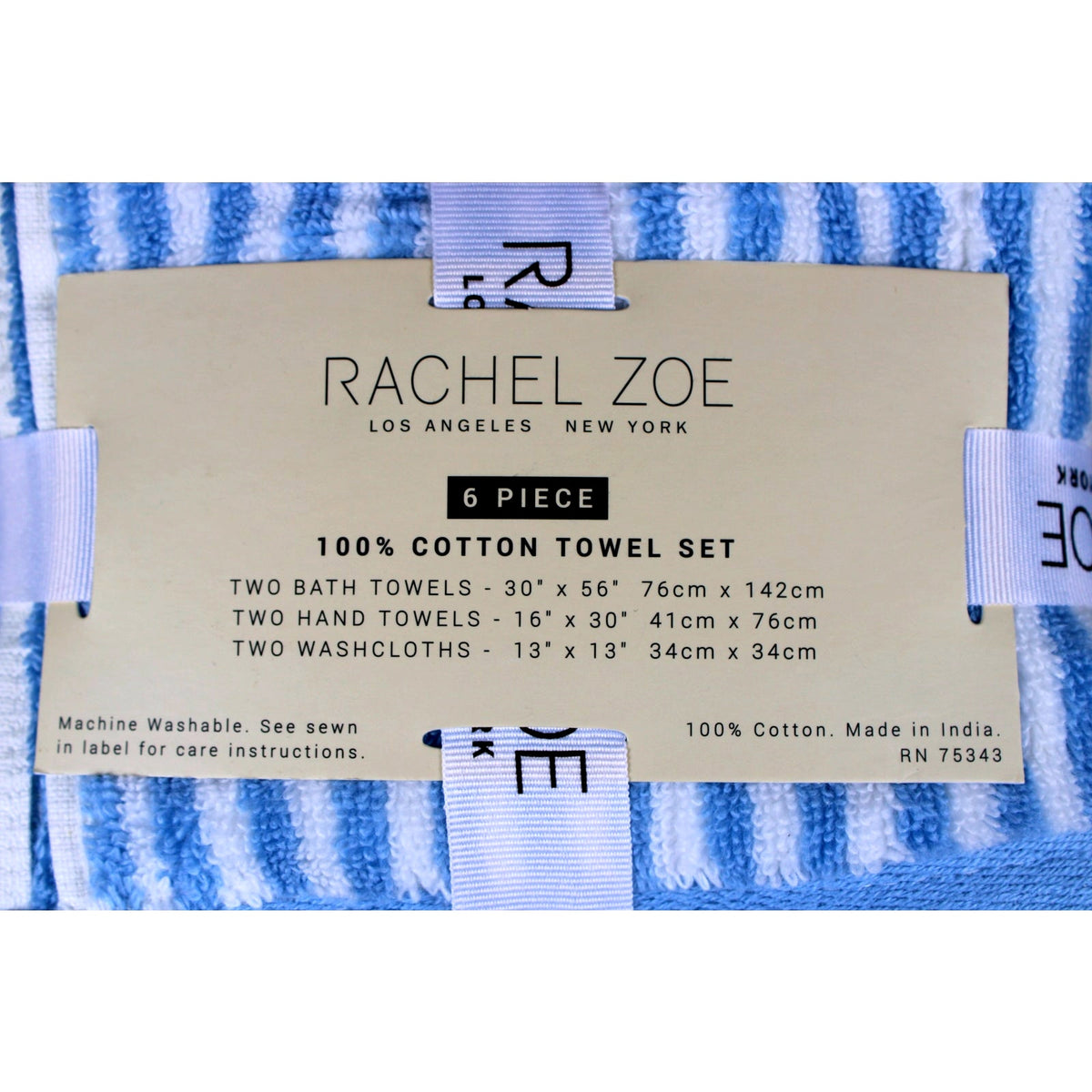 Rachel Zoe Home 6 Piece Bath Towel Set Blue & White Stripes 100% Cotton, New
