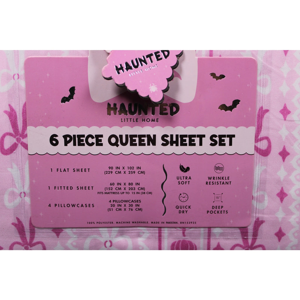 Haunted Little Home - Bats, Spiders, Bows, Pumpkins  QUEEN Sz 6 Piece Sheet Set