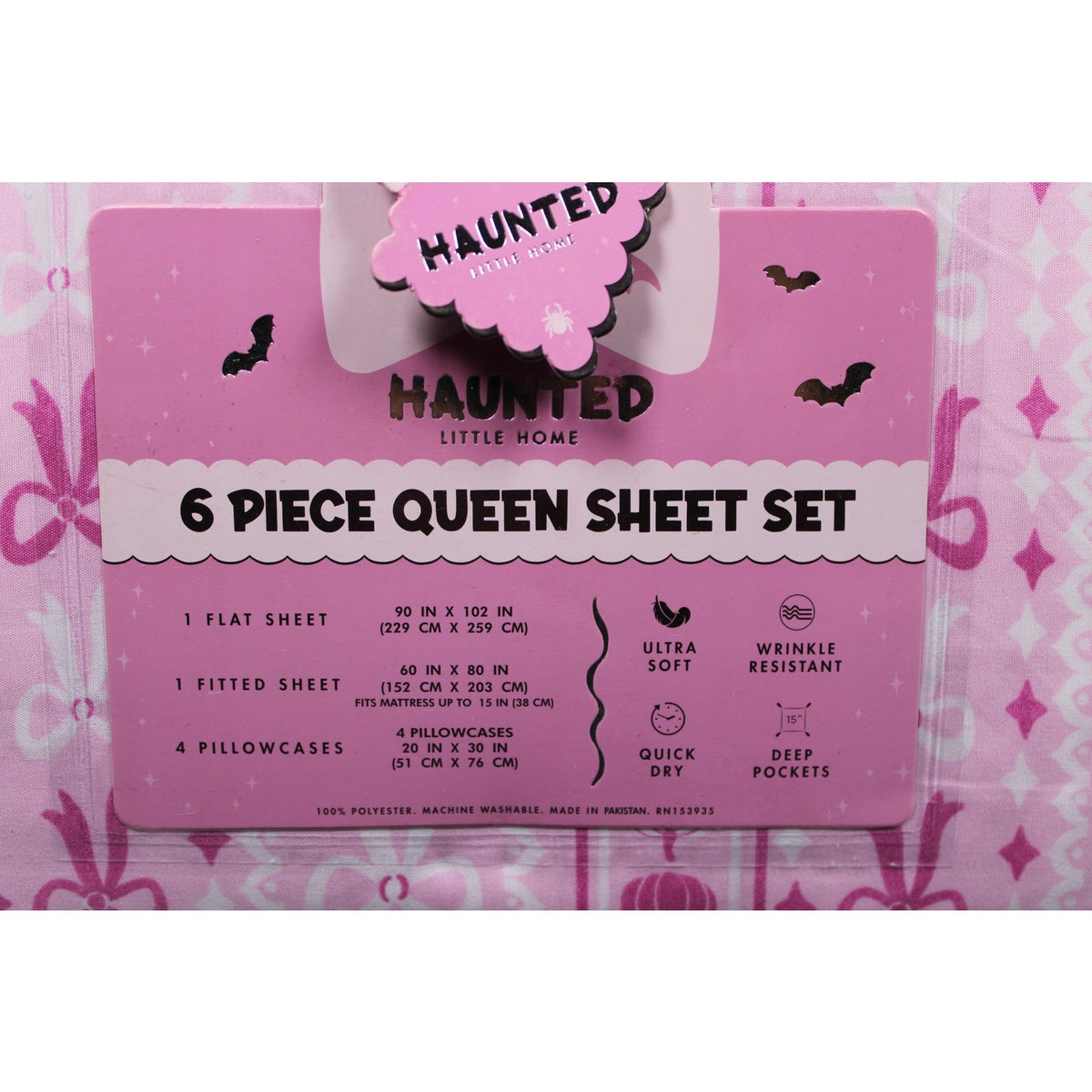 Haunted Little Home - Bats, Spiders, Bows, Pumpkins  QUEEN Sz 6 Piece Sheet Set