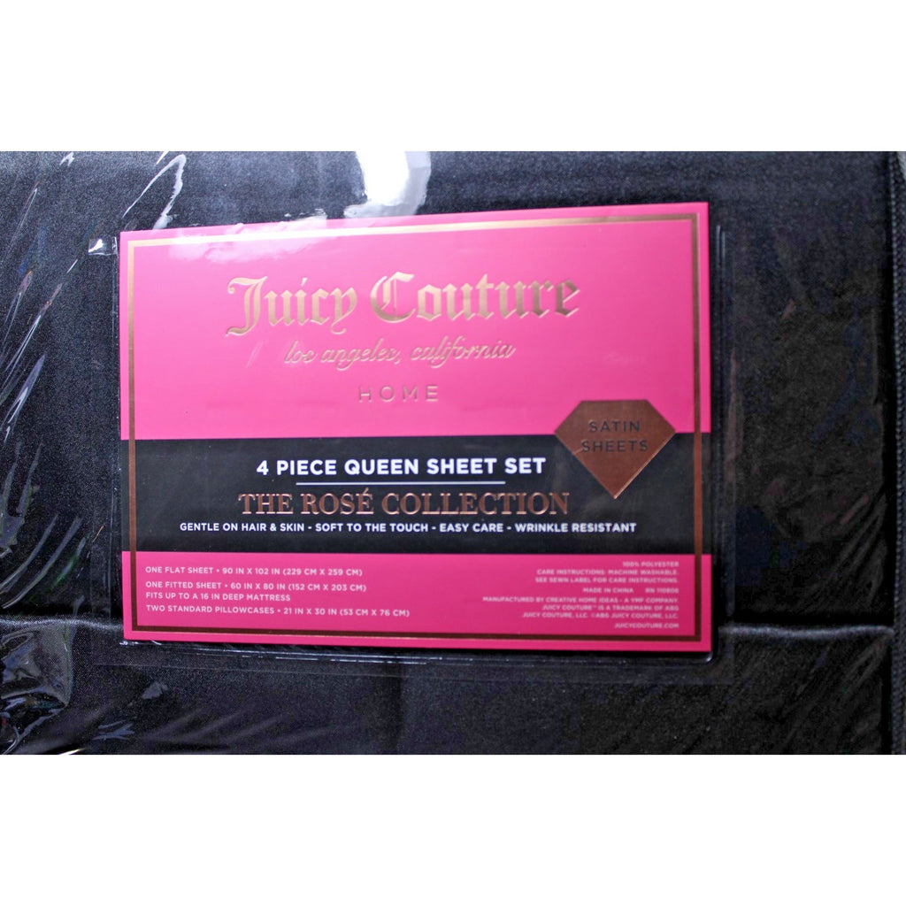 Juicy Couture Black Satin 4pc QUEEN Sheet Set Easy Care Soft Sleek Smooth