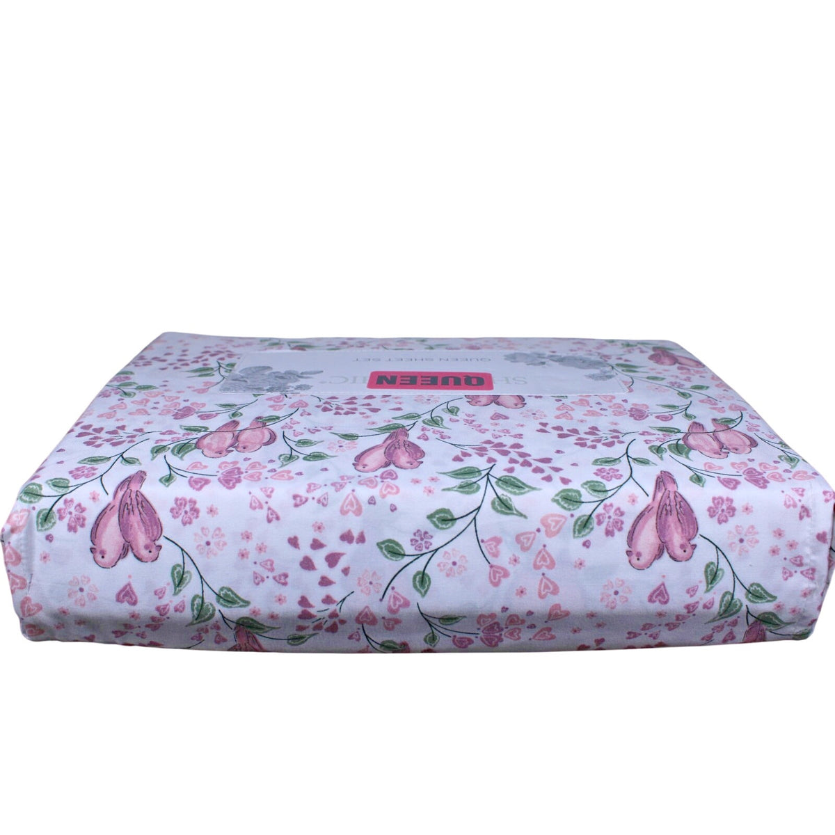 Shabby Chic Farmhouse Cottage Queen Sheet Set Pink and Mauve Lovebirds & Hearts
