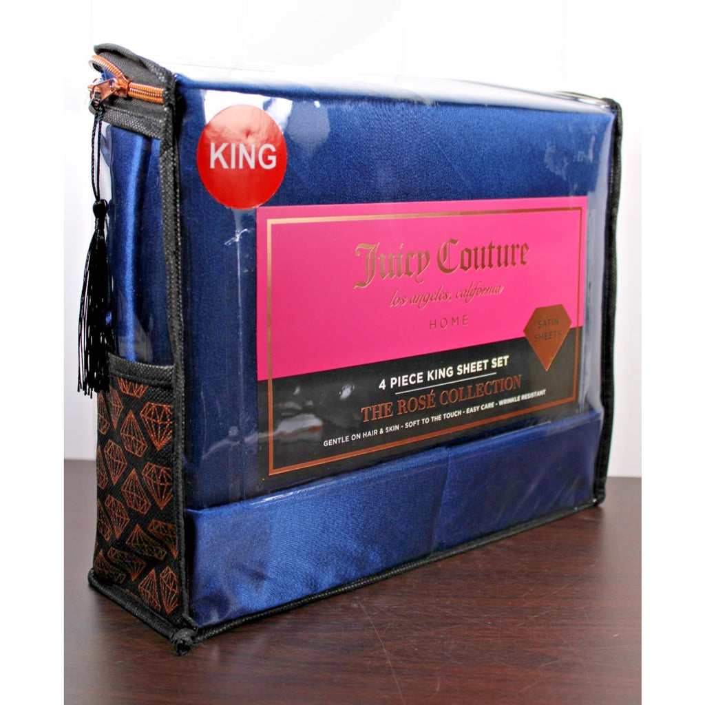 Juicy Couture Royal Blue Satin 4pc KING Sheet Set Easy Care Soft Sleek Smooth