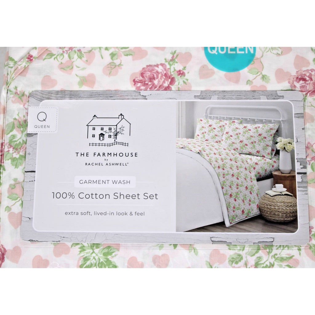 THE FARMHOUSE Rachel Ashwell 4 Pcs. White/Pink Queen Sheet Set Roses & Hearts