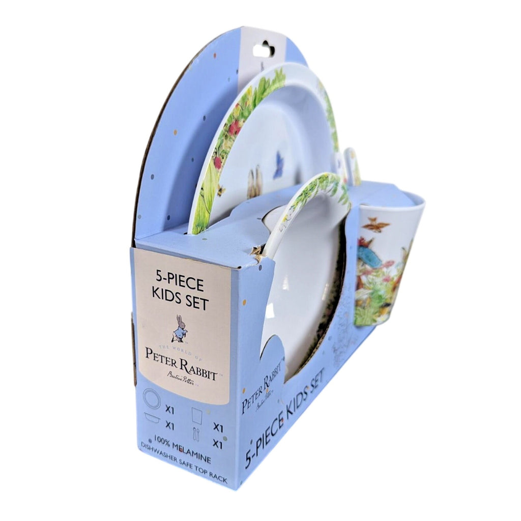 Peter Rabbit 5 Pc Kids Dinner Set Melamine Plate Bowl Cup Cutlery New