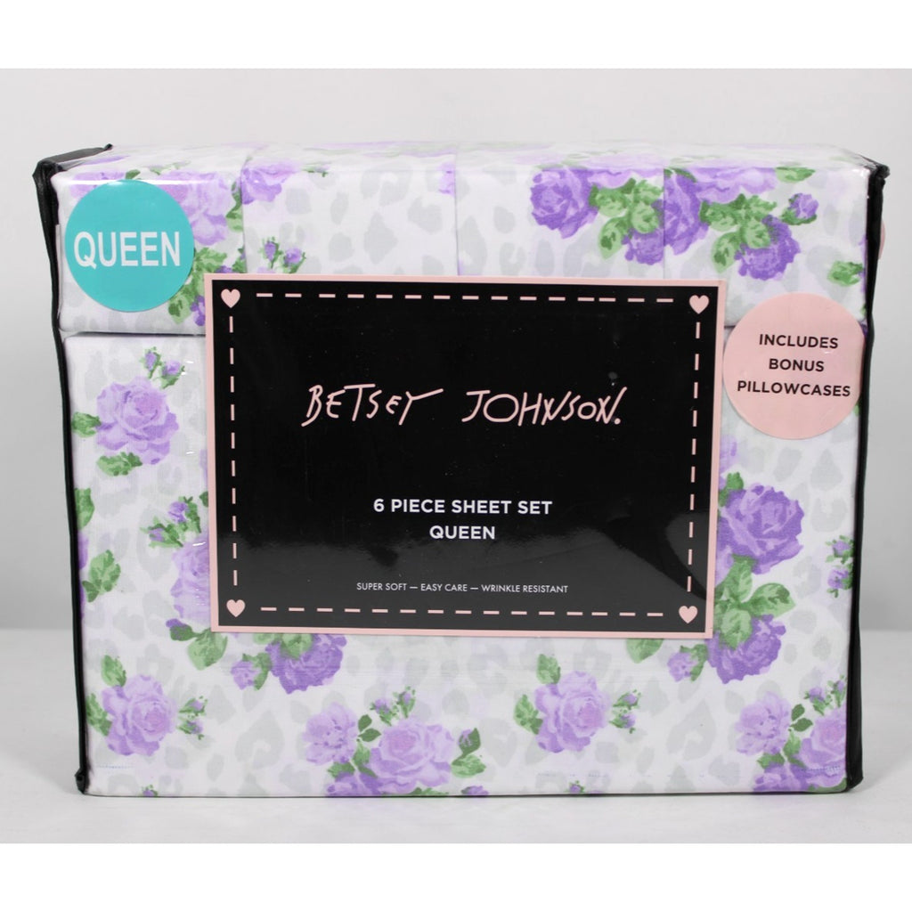 New Betsey Johnson Purple Wild Love Queen 6 Piece Sheet Set Bonus Shams
