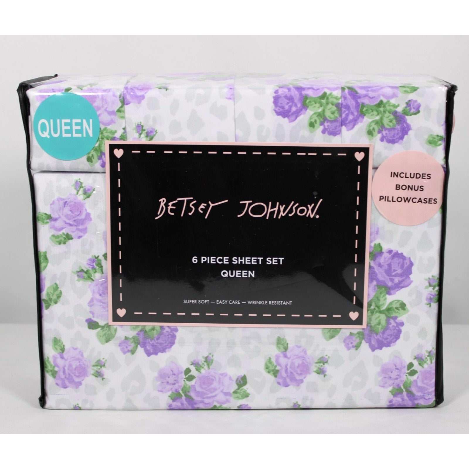 New Betsey Johnson Purple Wild Love Queen 6 Piece Sheet Set Bonus Shams