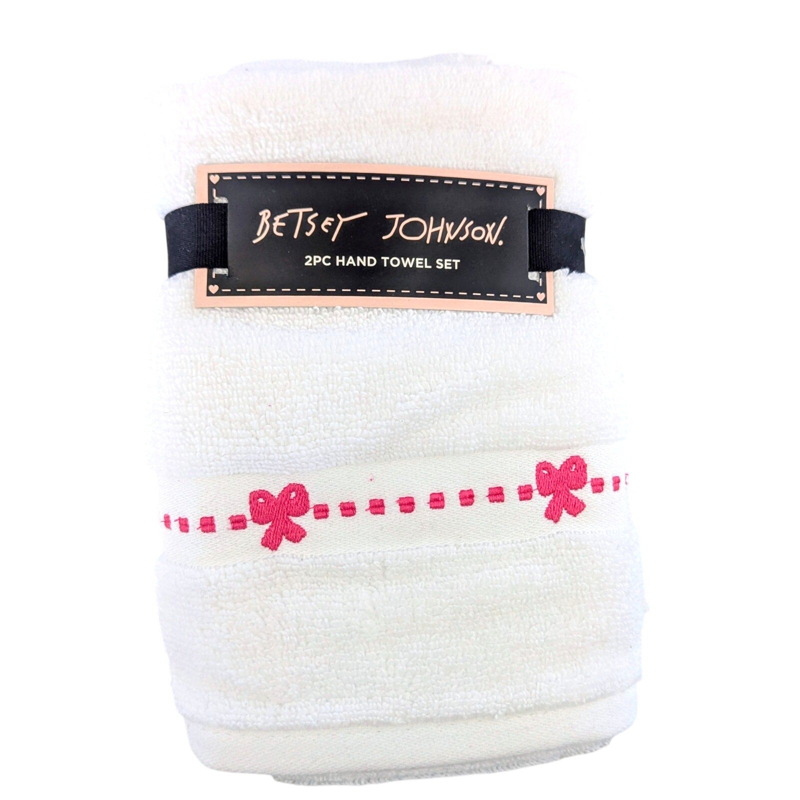 Betsey Johnson 2 Piece Hand Towel Set Rows of Bows 16 x 26 100% Cotton White