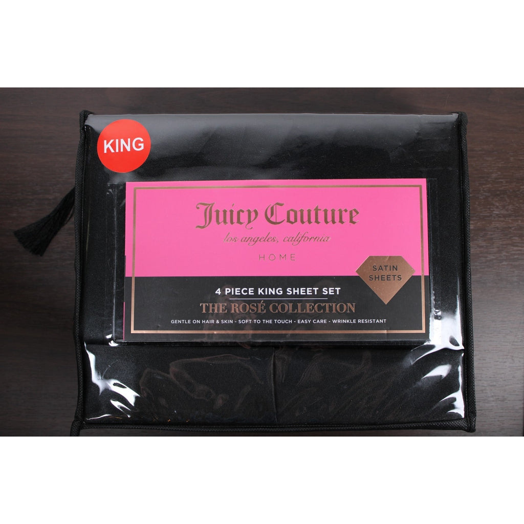 Juicy Couture Black Satin 4pc KING Sheet Set Easy Care Soft Sleek Smooth