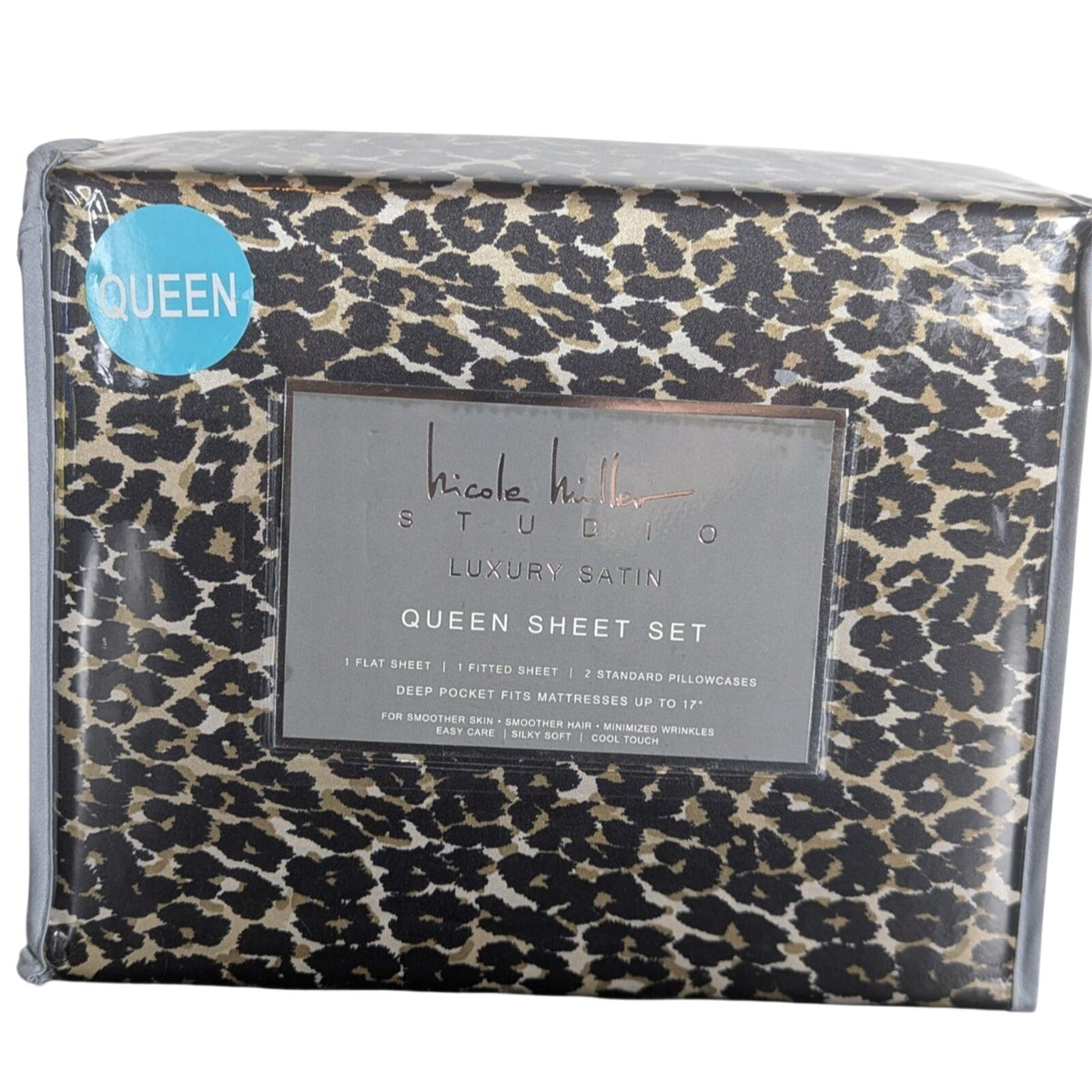 Nicole Miller Studio Luxury Satin Queen Sheet Set 4 Pc Leopard Cheetah - New