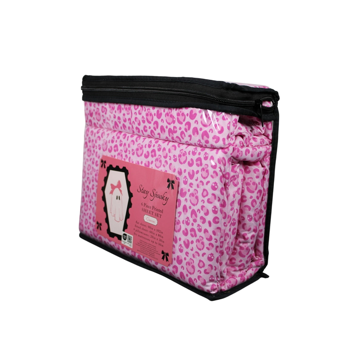 STAY SPOOKY 6pc QUEEN Halloween Skulls leopard print Pink Sheet Set - NEW