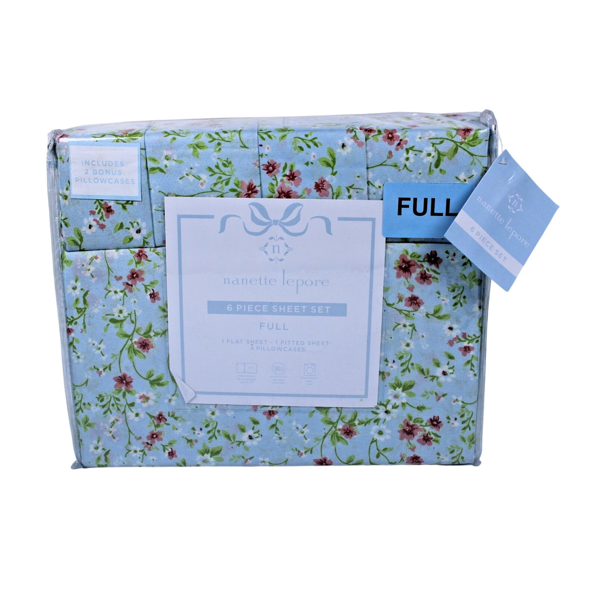 Nanette Lepore Full 6 Piece Sheet Set Green, Pink Floral, 2 bonus pillowcases