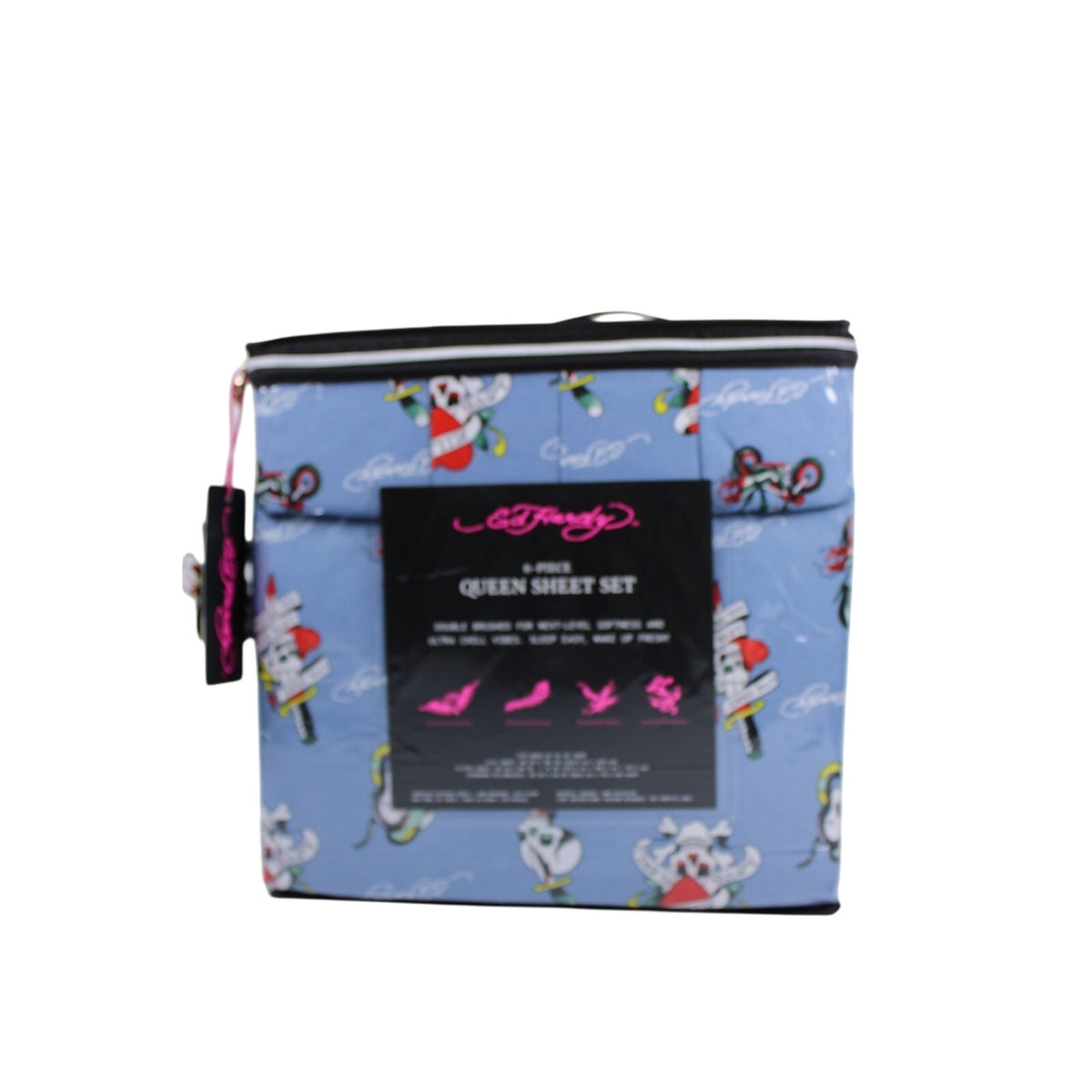 Ed Hardy QUEEN Sheet Set Blue Motorcycle Skull Love Kills Slowly Dagger 6 Piece