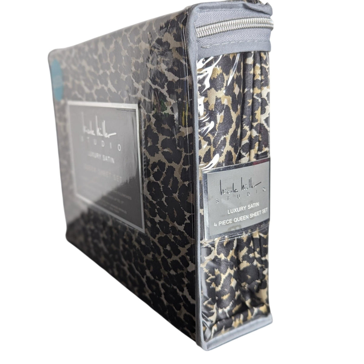 Nicole Miller Studio Luxury Satin Queen Sheet Set 4 Pc Leopard Cheetah - New