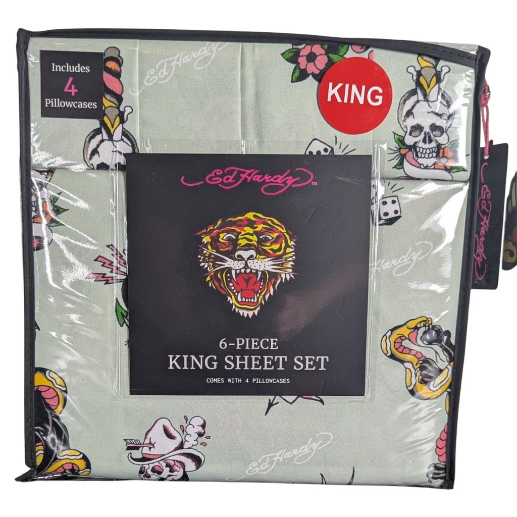 Ed Hardy 6-pc King Sheet Set w/4 Pillowcases, Skulls, Snake, Bird, Tiger- Green