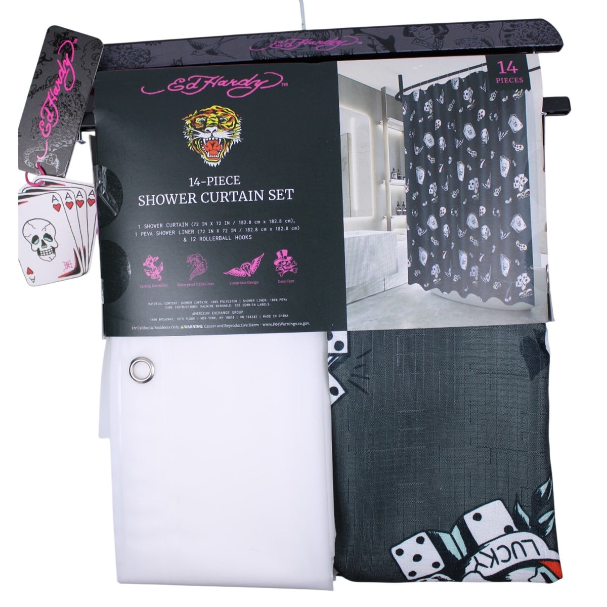 14-Pc Ed Hardy Skull POKER Cards Shower Curtain, Roller Ball Hooks, & Liner