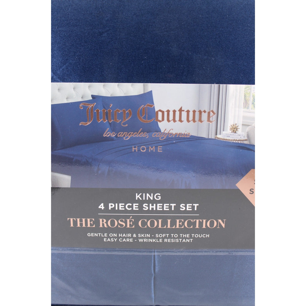 JUICY COUTURE 4-Piece Blue Satin Sheet Set - King Size - The Rosé Collection