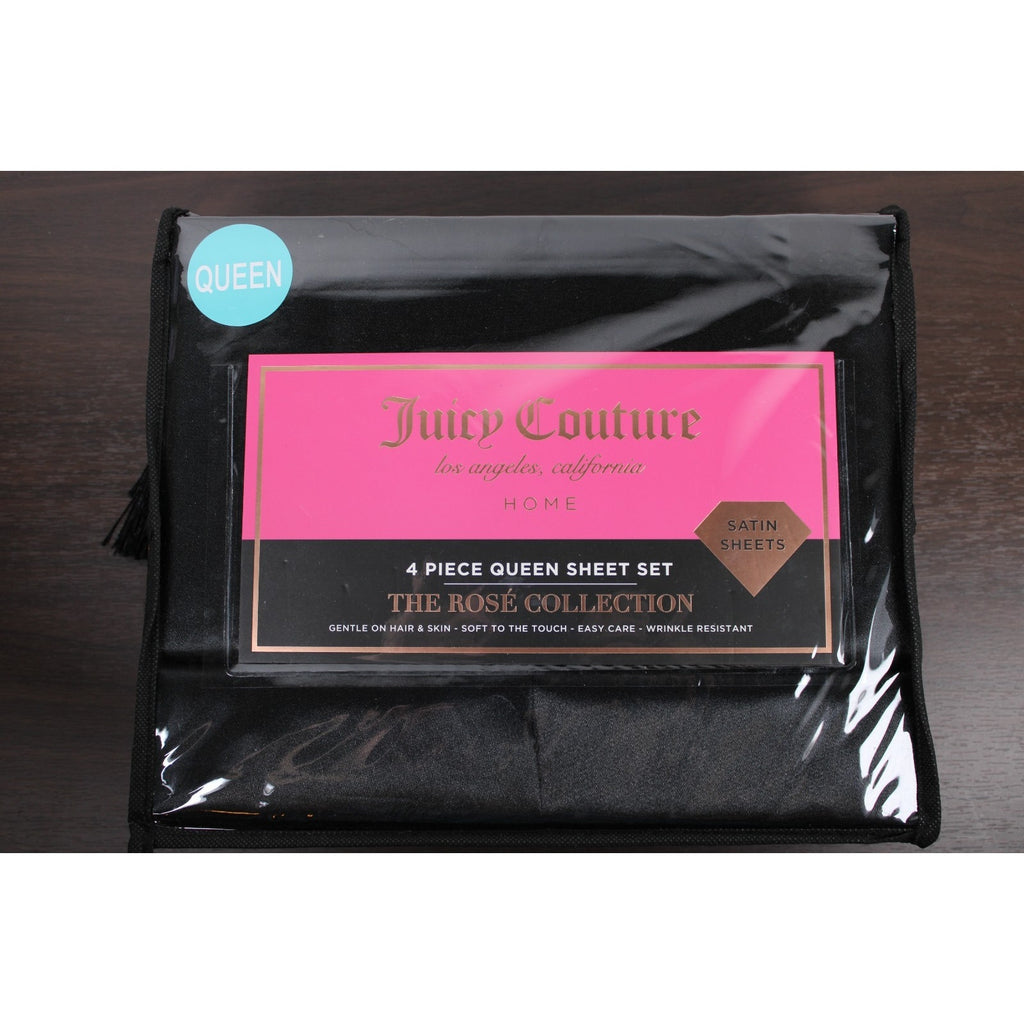 Juicy Couture Black Satin 4pc QUEEN Sheet Set Easy Care Soft Sleek Smooth
