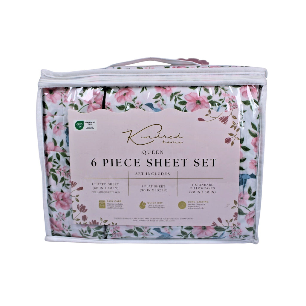 KINDRED HOME 6 pc Floral design Queen Sheet Set 2 EX Pillowcases