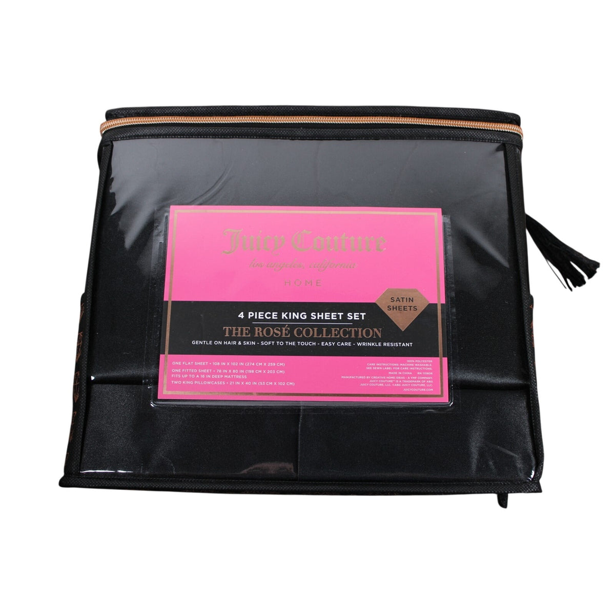 Juicy Couture Black Satin 4pc KING Sheet Set Easy Care Soft Sleek Smooth