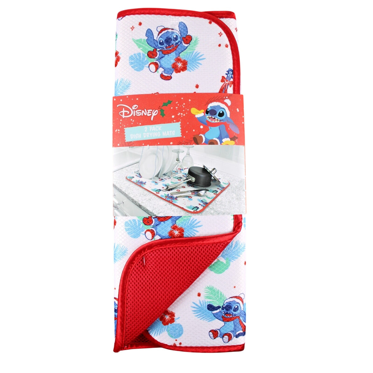 Disney Santa Hat Stitch Hawaiian Aloha Christmas Dish Drying Mat 16”x18”