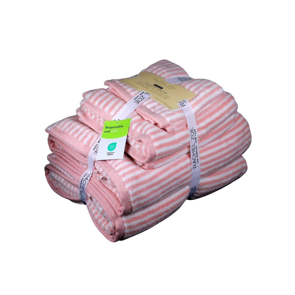 Rachel Zoe Home 6 Piece Bath Towel Set Blush Pink & White Stripes 100% Cotton, New