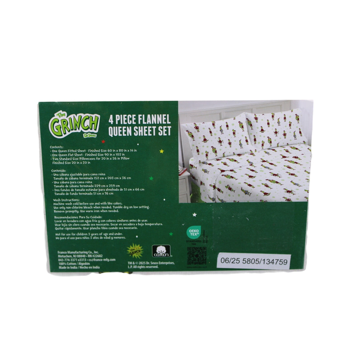 New Dr. Seuss Grinch 4 piece Queen Flannel Sheet Set - Holiday Fun