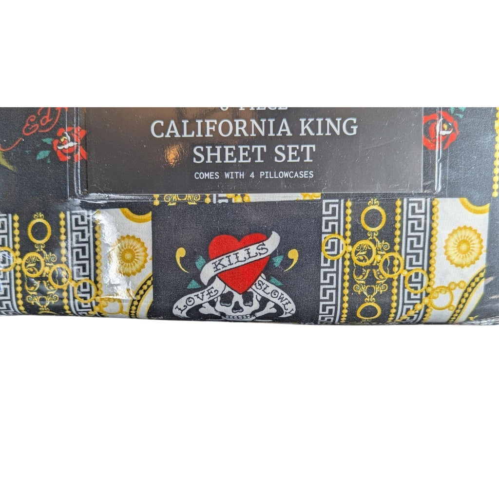 Ed Hardy Black 6 pc Cal King Sheet Set Hearts, Skulls, Roses, w/4 Pillowcases