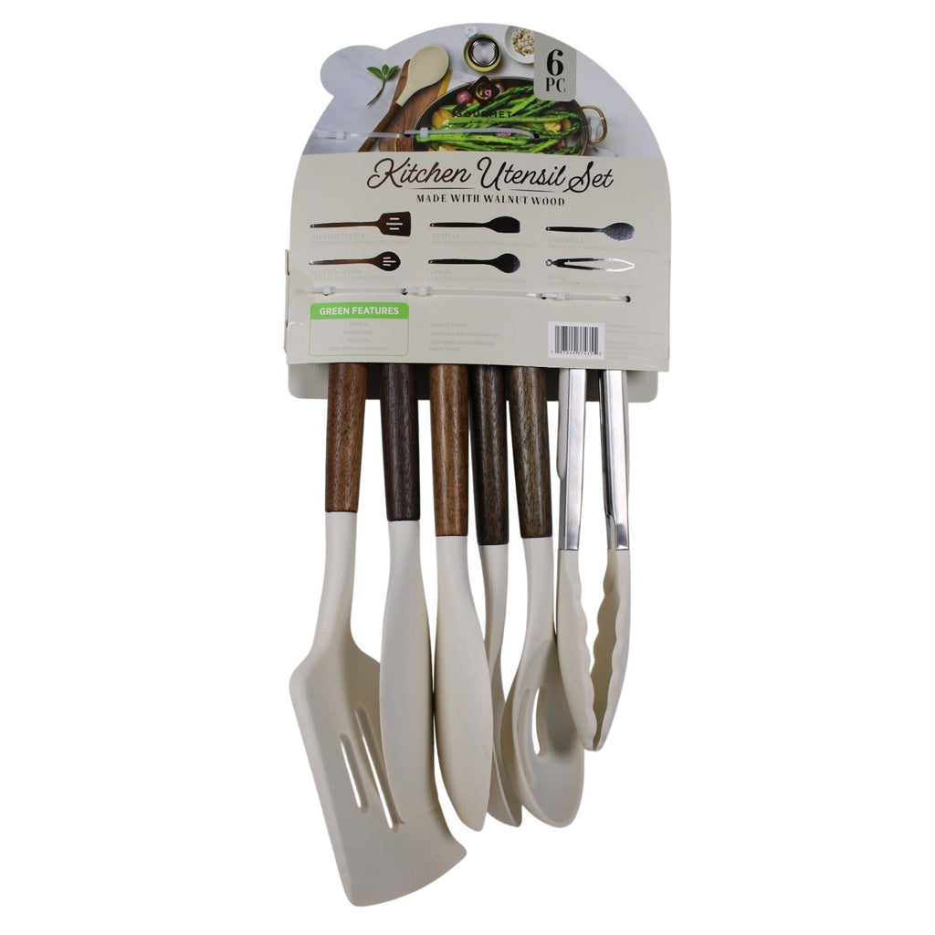 Kitchen Utensil Set of 6. Walnut handles Heat resistant Flexible silicone, Tongs