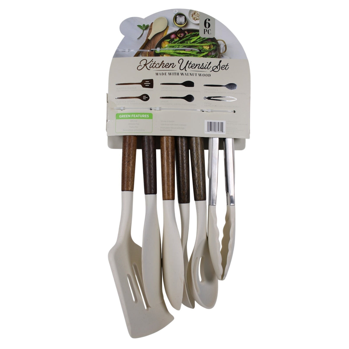 Kitchen Utensil Set of 6. Walnut handles Heat resistant Flexible silicone, Tongs