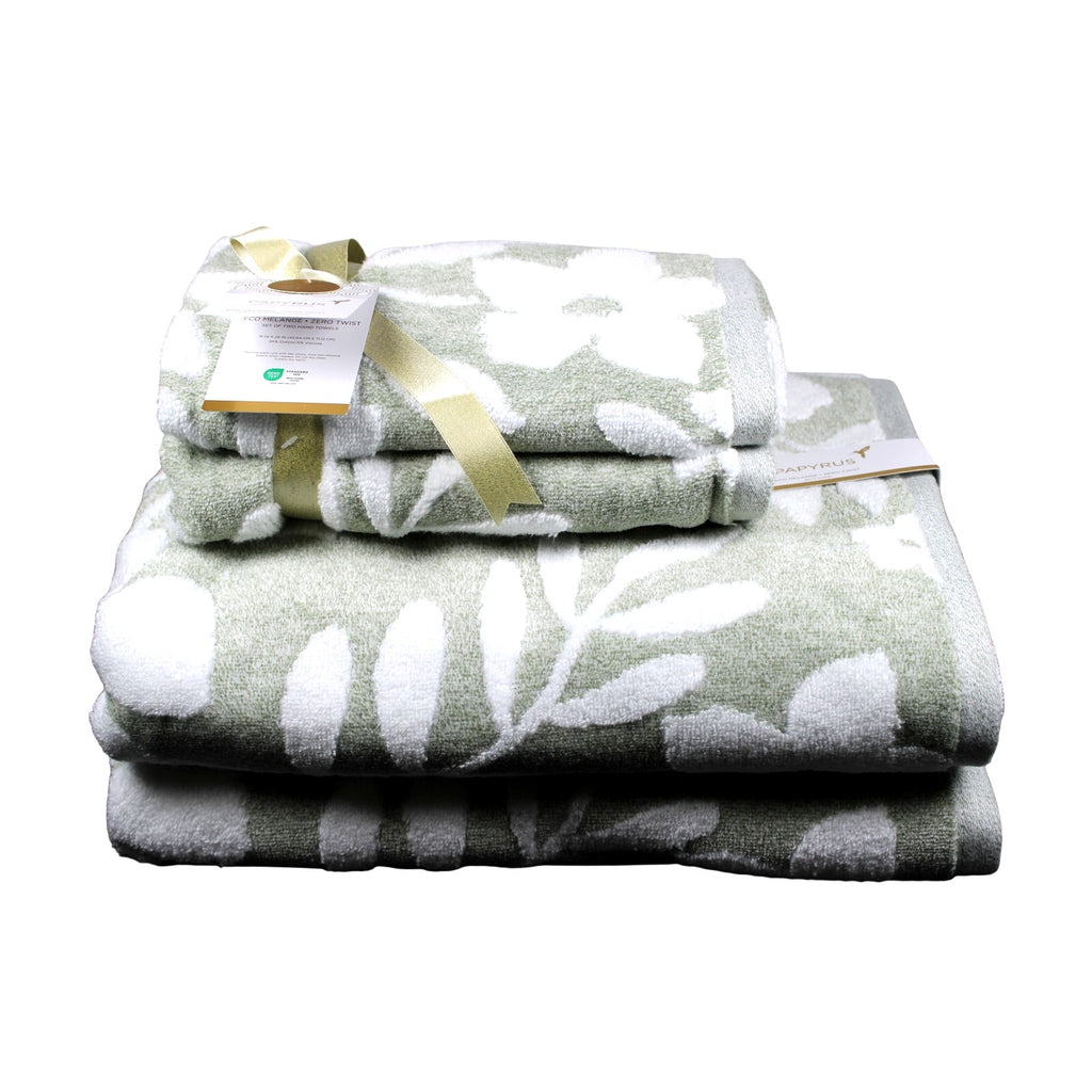 Papyrus 4 pc Bath & Hand Towel Set Green White Floral Soft Cotton Velour - NEW