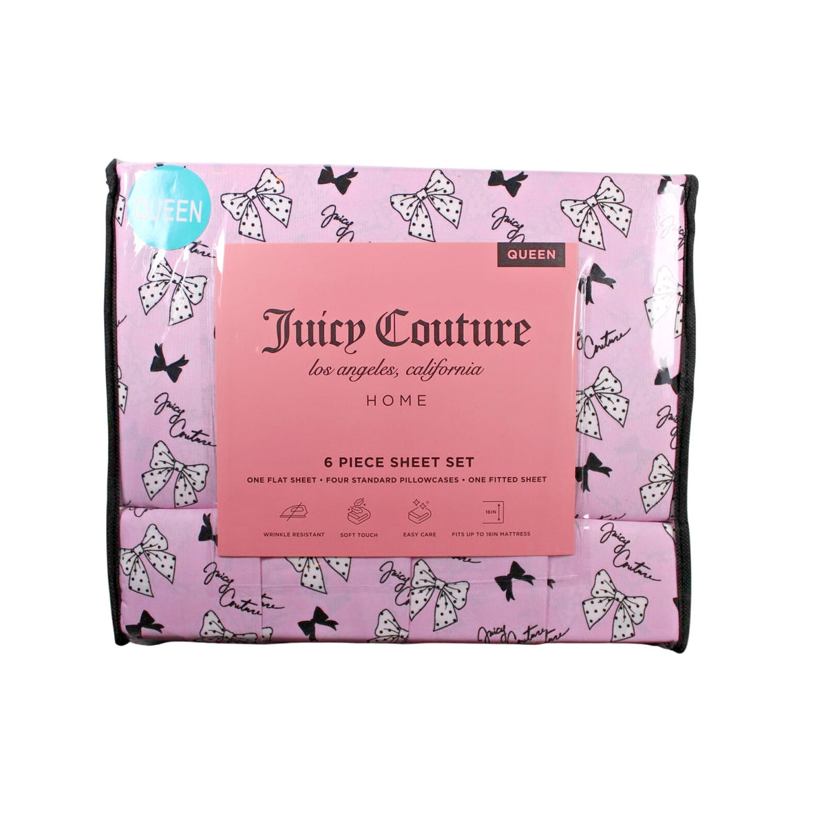 Juicy Couture Queen 6 pc Bed Sheet Set Pink & Black Polka Dot Bows