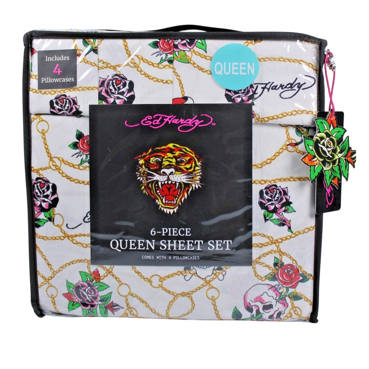 Ed Hardy White 6 pc Queen Sheet Set Skulls Roses Tattoo Print w/4 Pillowcases