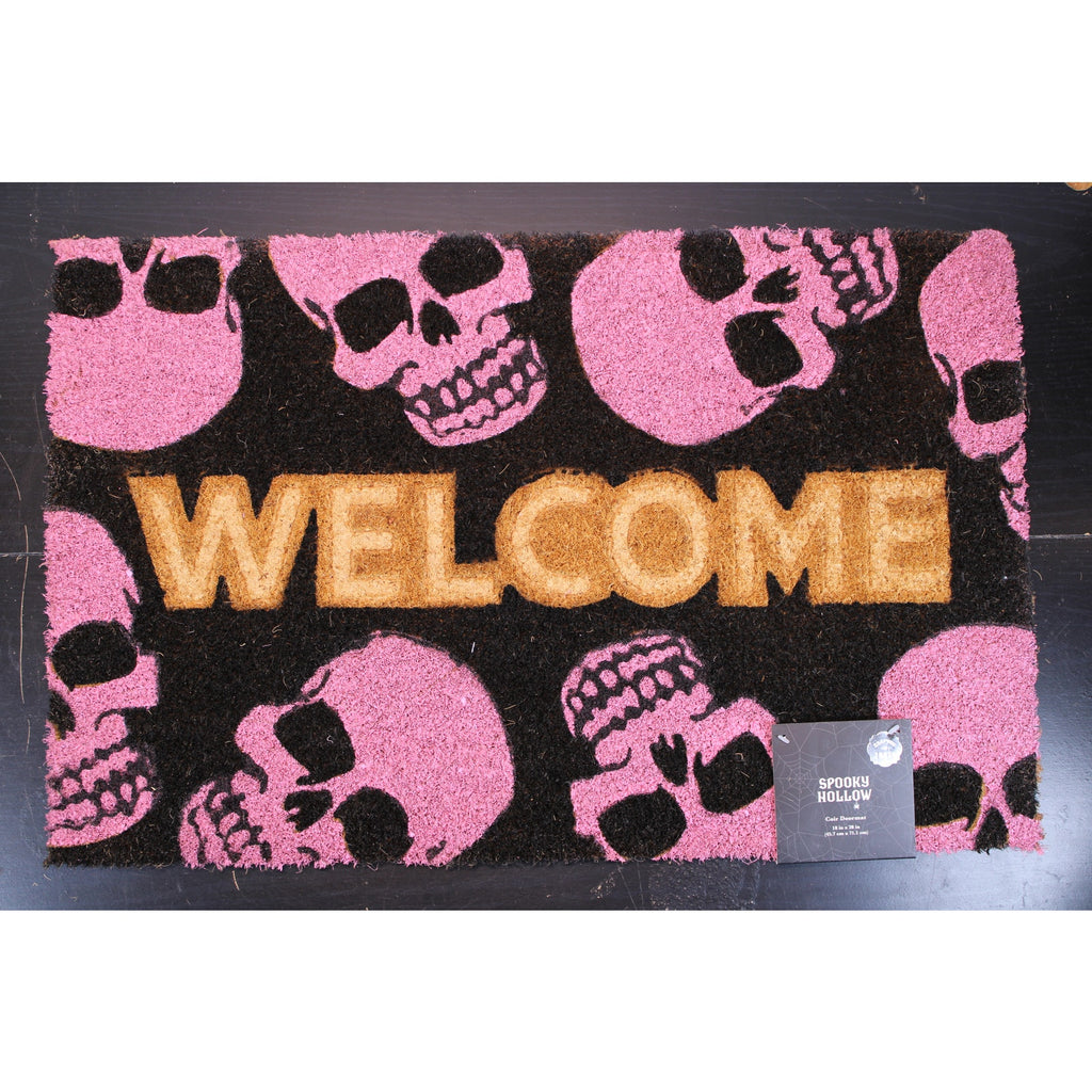 Spooky Hallow - WELCOME Coir Doormat 18x28 Pink Skulls, Black Mat Non-Slip