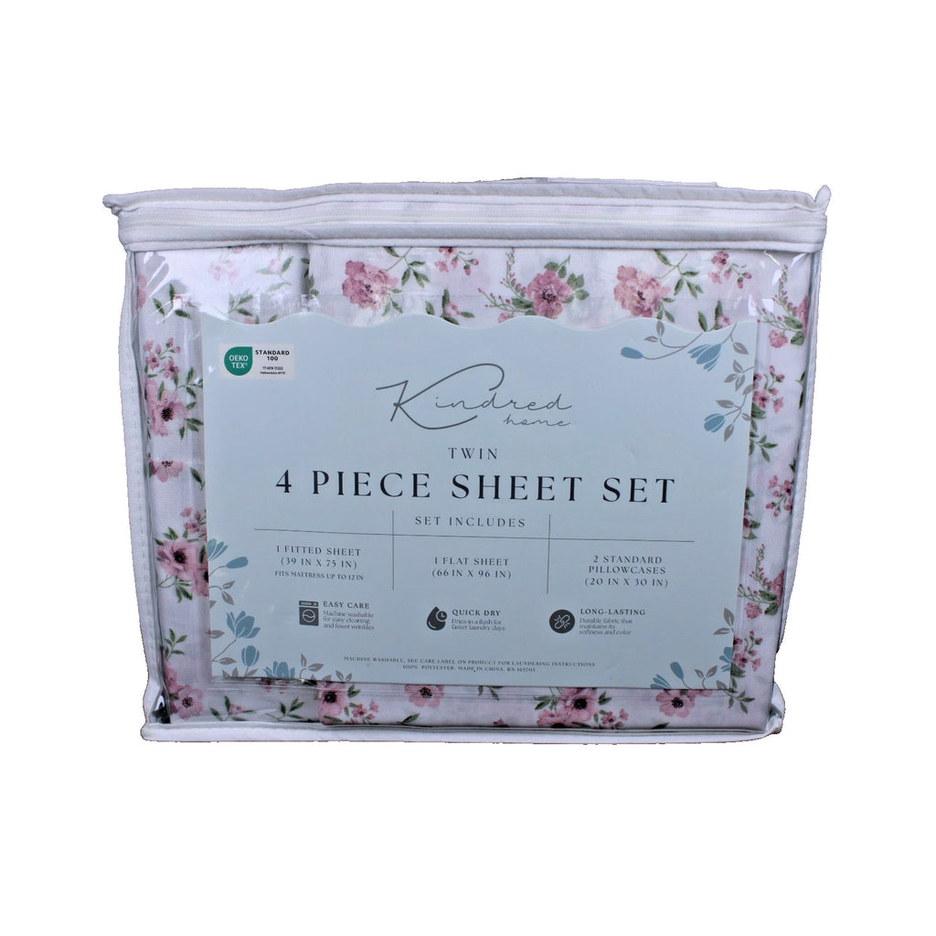 KINDRED HOME 4 PIECE TEA ROSE FLORAL DESIGN TWIN SHEET SET 1 EXTRA PILLOWCASE
