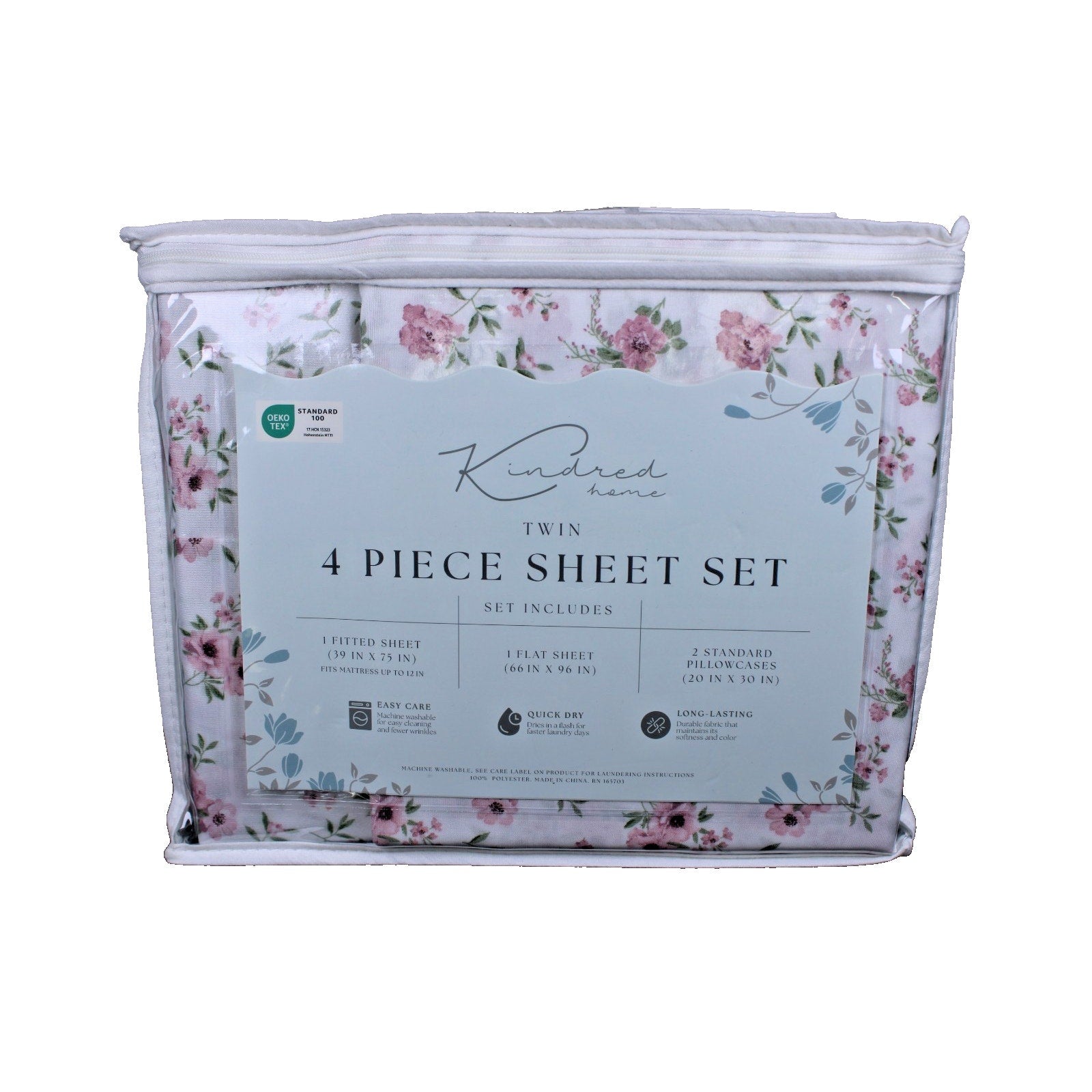 KINDRED HOME 4 PIECE TEA ROSE FLORAL DESIGN TWIN SHEET SET 1 EXTRA PILLOWCASE