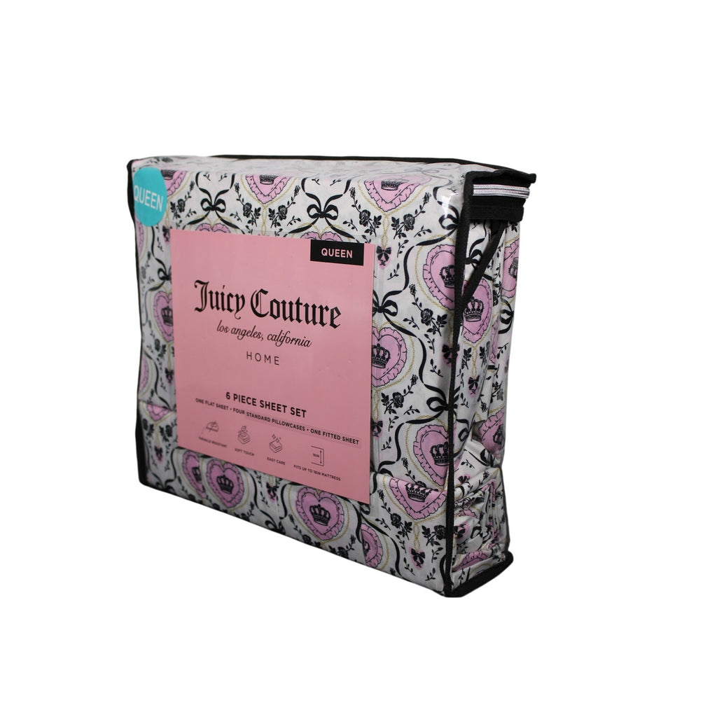 Juicy Couture Queen Sheet Set 6 Piece Black Crown Black Roses, Bows, Logos - NEW