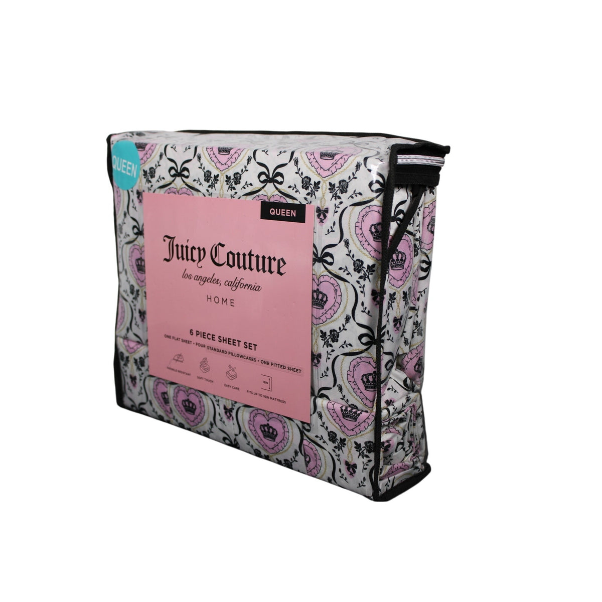 Juicy Couture Queen Sheet Set 6 Piece Black Crown Black Roses, Bows, Logos - NEW