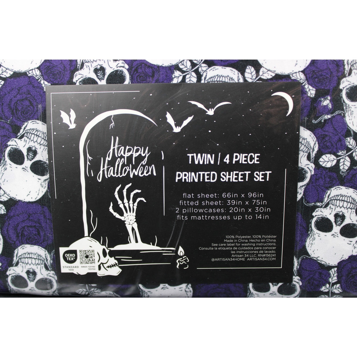 Halloween Goth Style TWIN 4 Piece Sheet Set Skulls Purple Roses - NEW