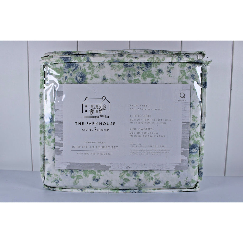 The Farmhouse Rachel Ashwell Blue Floral Queen Sheet Set Blue Green
