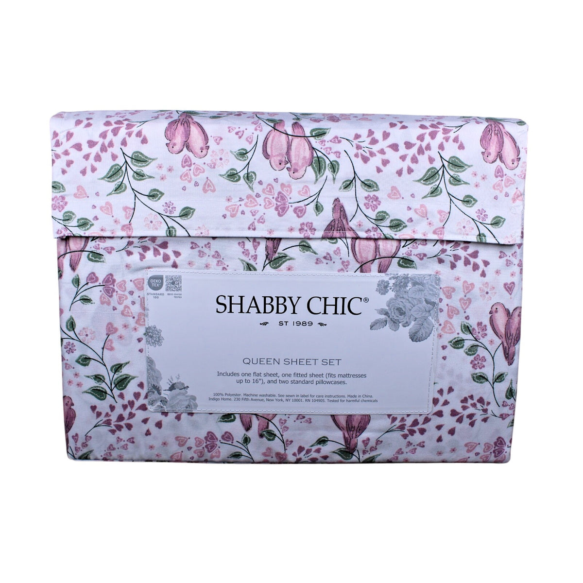 Shabby Chic Farmhouse Cottage Queen Sheet Set Pink and Mauve Lovebirds & Hearts