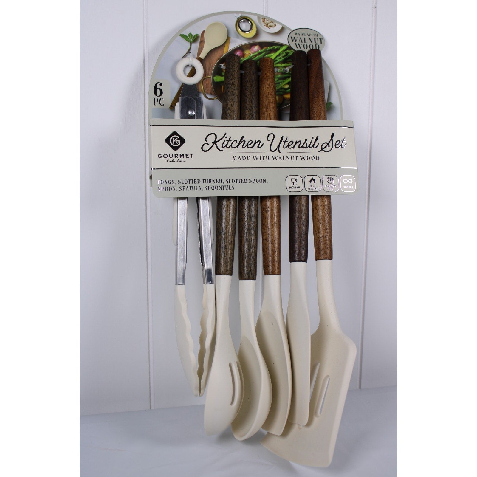 Kitchen Utensil Set of 6. Walnut handles Heat resistant Flexible silicone, Tongs