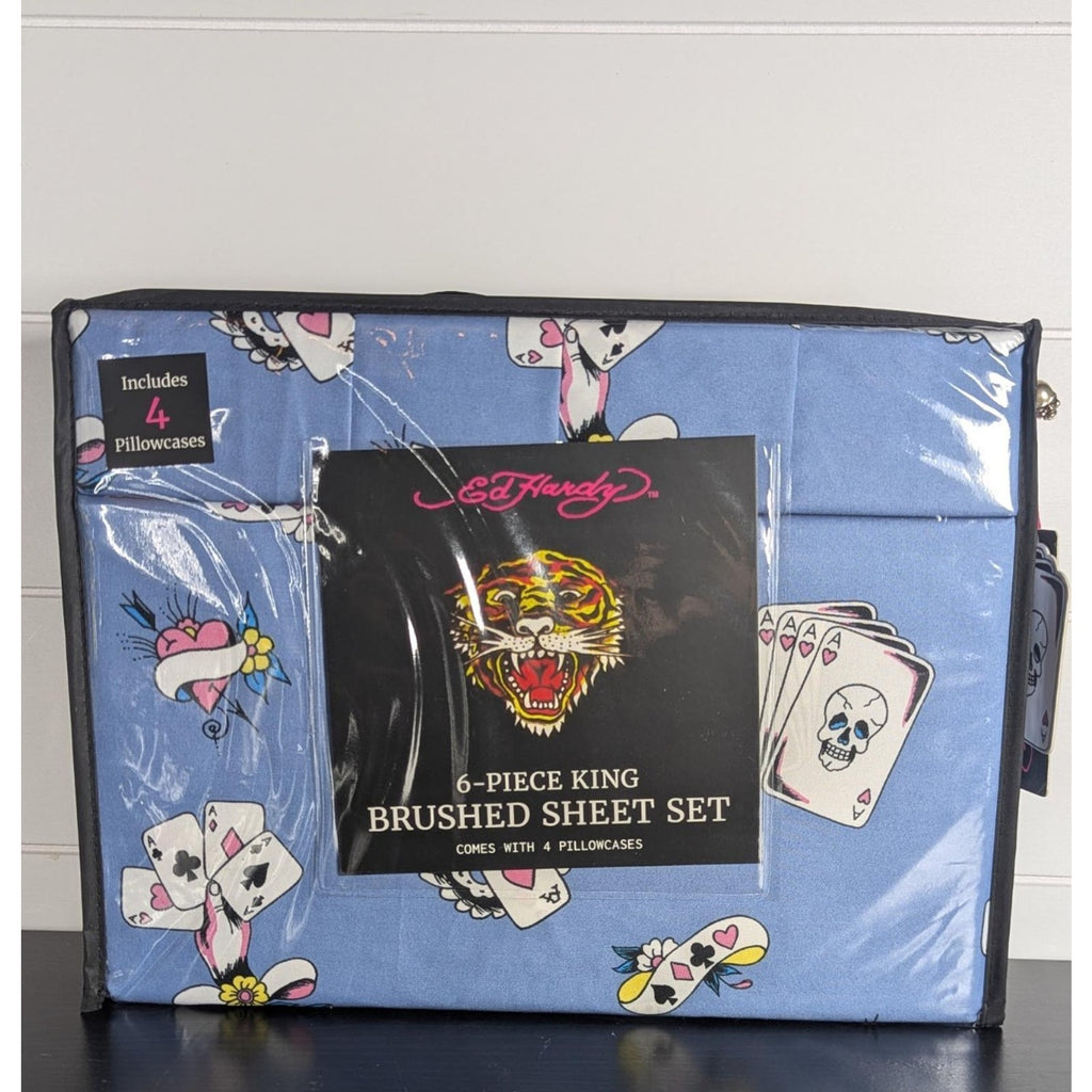 Ed Hardy 6-pc King Sheet Set w/4 Pillowcases, Playing Cards, Dice, Hearts NEW