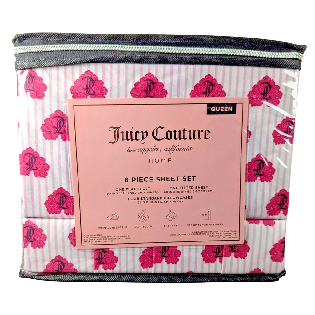 Juicy Couture Queen 6pc Sheet Set, Juicy Monogram, Rose Hearts & Pink Lines