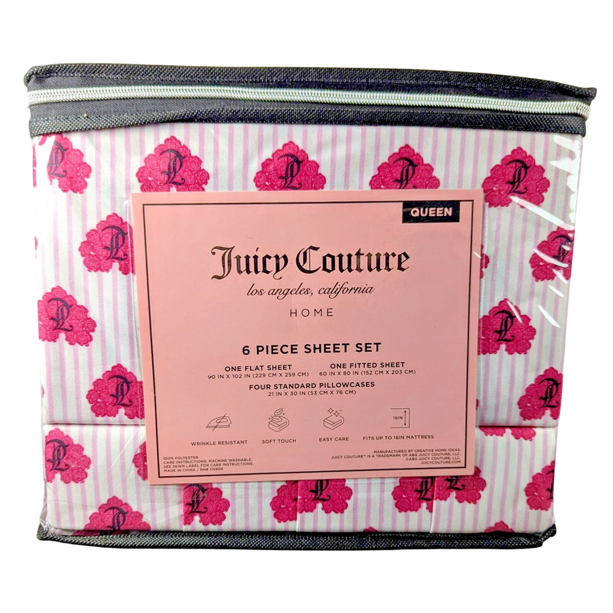 Juicy Couture Queen 6pc Sheet Set, Juicy Monogram, Rose Hearts & Pink Lines
